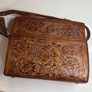 Vintage Brown Tooled Leather Purse Handbag Floral